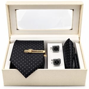 Men’s Premium Formal Gift Set – Black Polka Dot Tie with Tie Clip, Cufflinks & Pocket Square